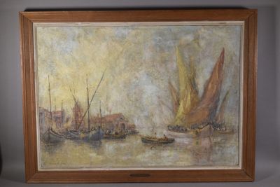 a picture of a painting of boats on the water