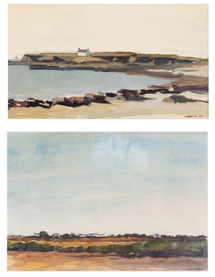 two paintings of a beach and a body of water with a lighthouse in the distance