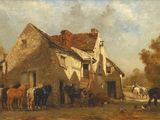 painting of a group of horses in front of a farm house