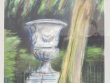 painting of a vase in a park with a tree in the foreground