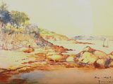 peinture d'une scène de plage avec des rochers et de l'eau