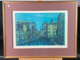 painting of a canal scene with buildings and a clock tower in the distance