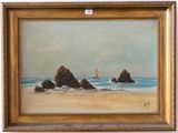 une peinture à l'huile représentant une scène de plage avec des voiliers sur l'eau