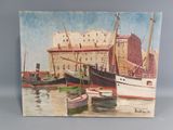 an oil painting of boats docked in a harbor with a building in the background