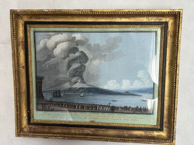 une vieille photo représentant un tableau où l'on voit un volcan dans le ciel
