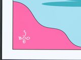 a picture of a pink and blue poster with a boat in the water