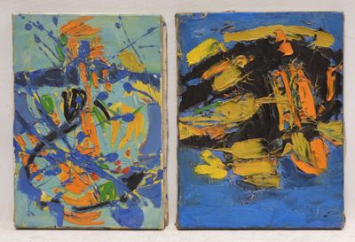 two paintings on a white wall one is blue and the other is yellow