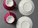 three cups and saucers are sitting on a table