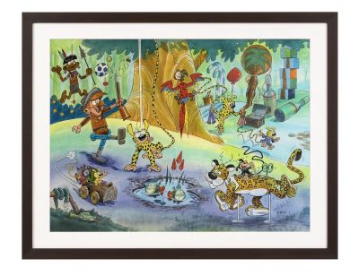 une image représentant un tableau où l'on voit un groupe de personnages de dessins animés dans une forêt