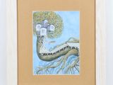 painting of a house on a tree with a boat in the water