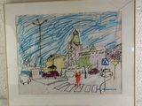 drawing of a city street scene with a person walking across the street
