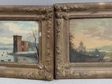 paire de peintures à l'huile anciennes représentant un paysage hivernal avec un château en arrière-plan