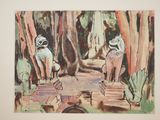 un tableau représentant deux chats assis sur un banc dans les bois
