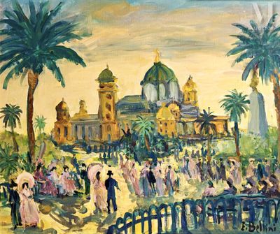painting of a painting of a crowd of people in front of a church