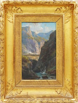 une peinture représentant une scène de montagne avec une rivière au premier plan