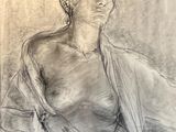 drawing of a woman sitting in a chair with a scarf on her head