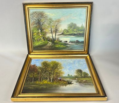 two paintings of a river and a boat in a gold frame on a white background
