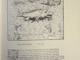 an open book with a drawing of a man on a boat in the water