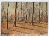 an oil painting of trees in a wooded area with no leaves on them