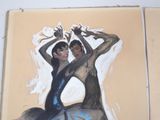 a painting of a woman in a blue dress on the wall