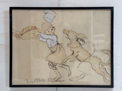 une image représentant un dessin d'un chef cuisinier et d'un chien