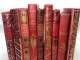 several red books are lined up in a row on a white surface
