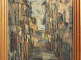 an oil painting of a city street with buildings and a person walking down the street