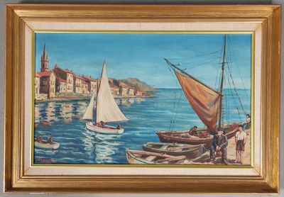un tableau représentant des voiliers sur l'eau, près d'une ville