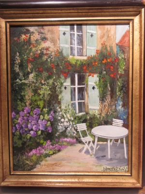 painting of a table and chairs in front of a house with flowers