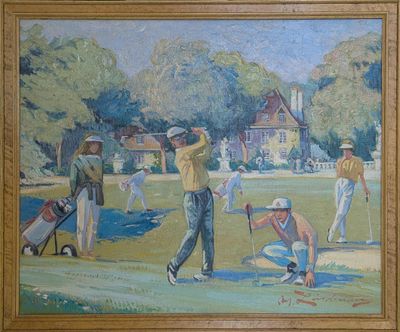 tableau représentant un groupe d'hommes en train de jouer au golf
