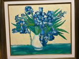 a painting of blue flowers in a vase on a table