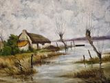 a painting of a house on the shore of a lake