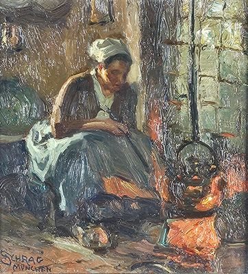 tableau représentant une femme assise devant un poêle, avec une casserole posée par terre