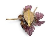 purple flower brooch with gold plated leaves and purple beads