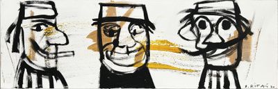 painting of three men with hats and a cigarette on a white background