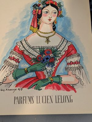 un dessin représentant une femme vêtue d'une robe rouge et de gants verts