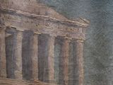 a picture of a painting of a building on a hill