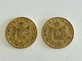 two gold sovereigns, one of which has a crown and the other of which has a coat of arms