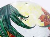 a close up of a vase with flowers painted on it