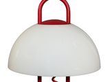 a red and white lamp that is on a stand