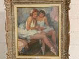 un tableau représentant deux femmes assises sur une chaise devant un mur de briques