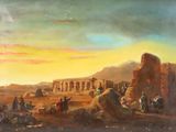 peinture représentant une scène désertique avec des personnages et des animaux au premier plan