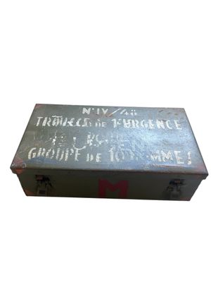 a metal box with writing on it on a white background