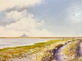 an oil painting of a dirt road next to a body of water with a mountain in the distance