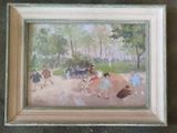 a painting of a group of people walking in a park