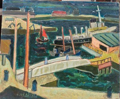 un tableau représentant des bateaux dans un port, avec un pont