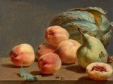 painting of a still life of peaches, pears, and a cabbage on a table