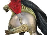 a helmet with a red feather on top of it