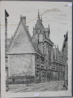 dessin représentant un vieux bâtiment surmonté d'une tour horloge