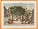 an old drawing of a courtyard with people sitting on the steps